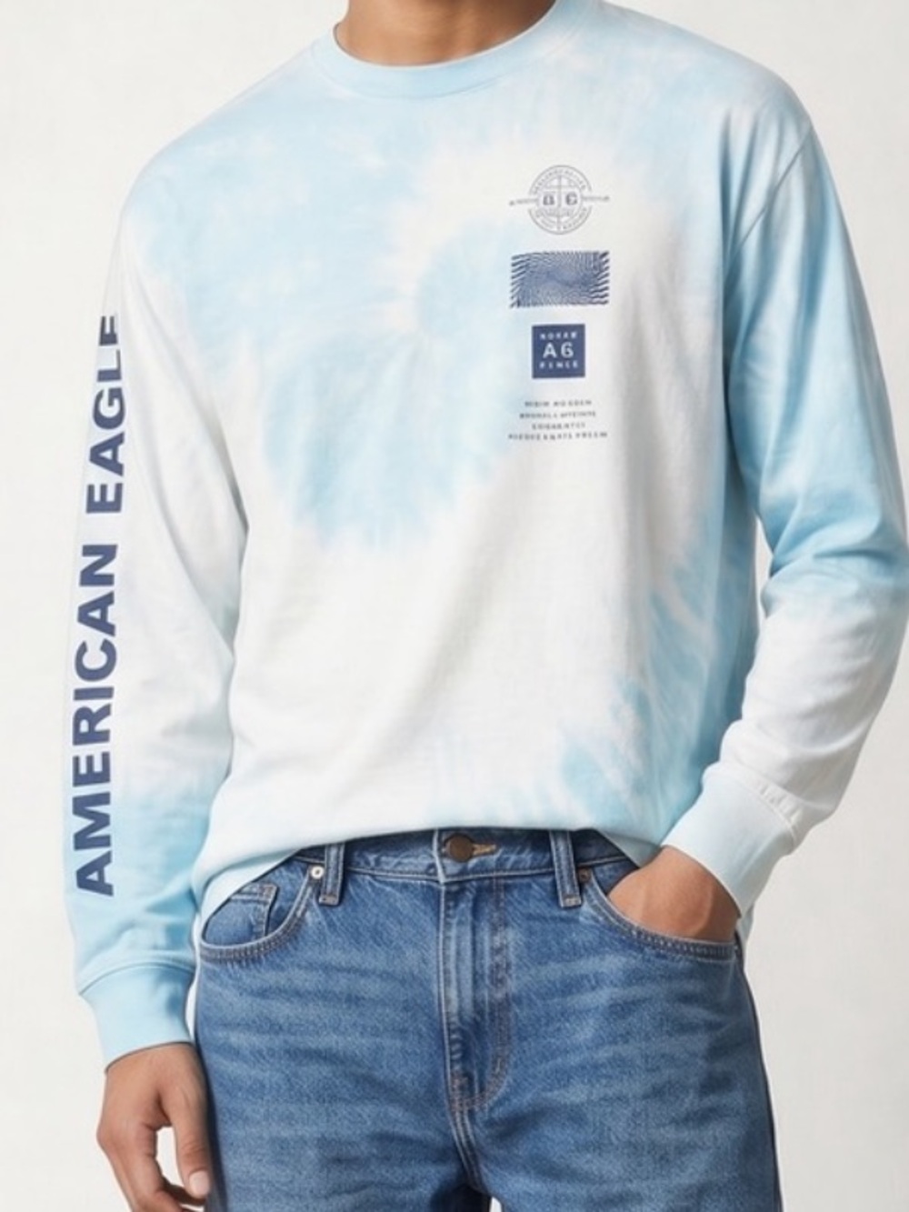 American Eagle Blue and White Tie-Dye Long Sleeve Shirt